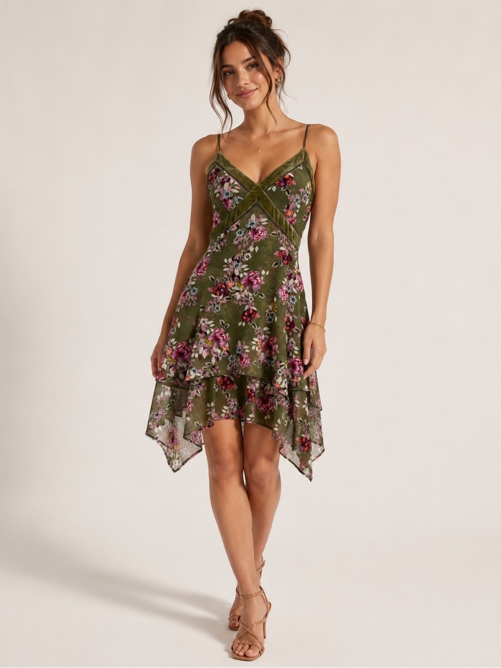 WHBM Floral Velvet Trim Slip Dress Sz 8 Whimsigoth Fairy Y2K
